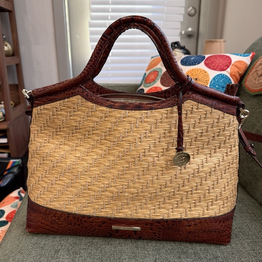 Brahmin Straw Raffia & Melbourne Embossed Leather Satchel Tote Brown Croc - Picture 1 of 13